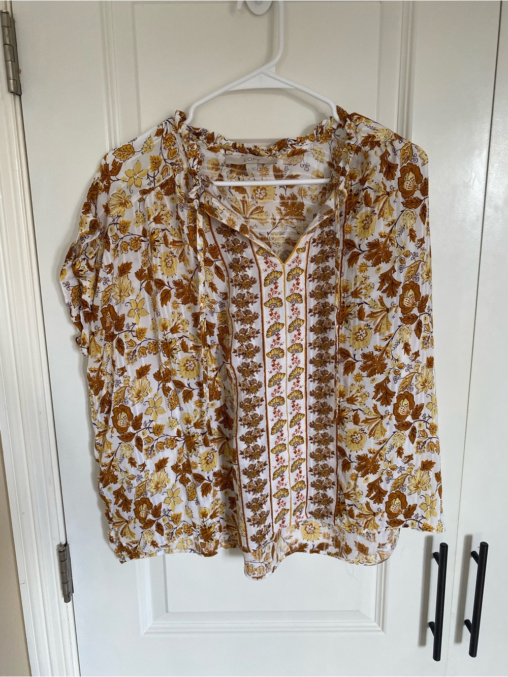 LOFT White Floral Tunic with Mustard & Brown Print